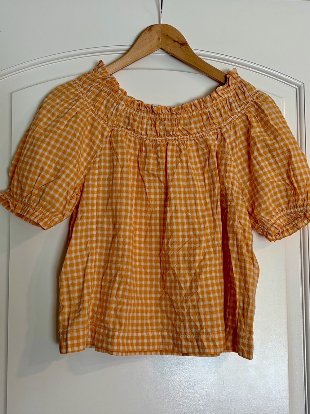 Free Assembly Gingham Off-Shoulder Puff Sleeve Babydoll Top in Orange XS NWT